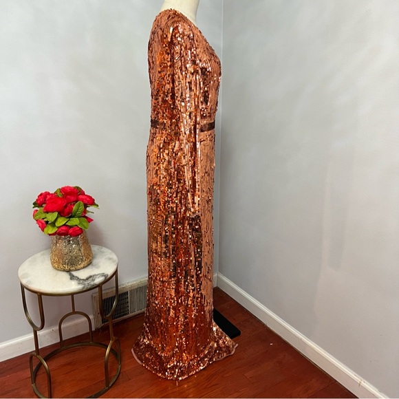 MAC DUGGAL Copper Long Sleeve One Shoulder Sequin Gown With Slit - New W/Tag - Picture 12 of 17